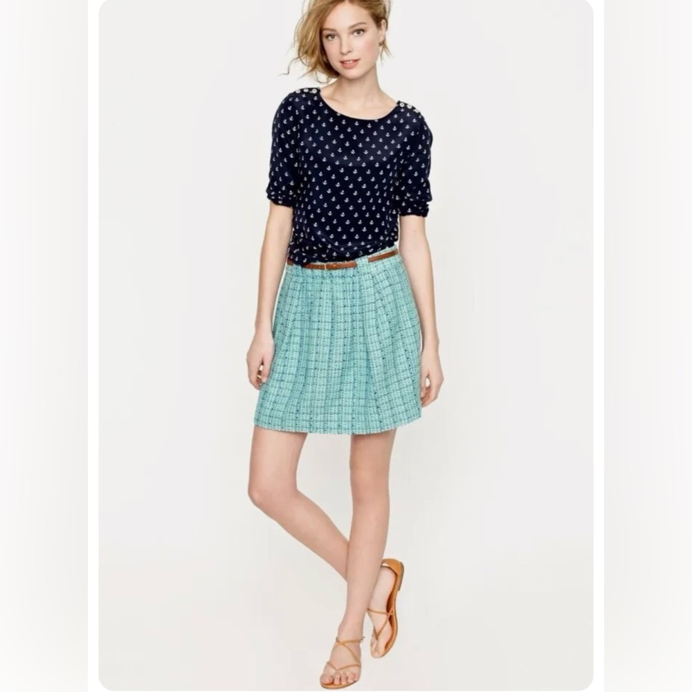 EUC J.CREW Shirred Skirt. A stunning "mint Tidepool" & blue tweed material.